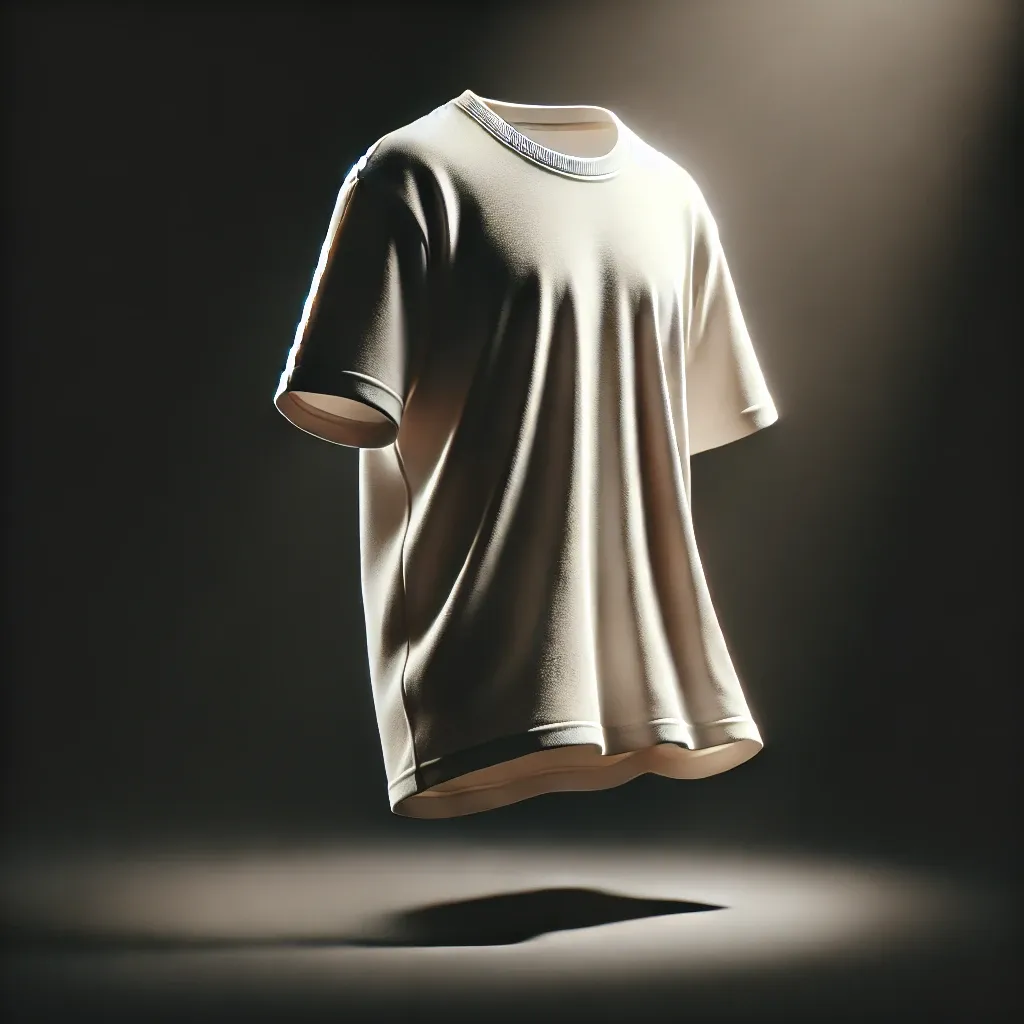 DALL·E 2025-01-06 20.25.50 - An oversized T-shirt floating in a dark room, illuminated by a focused spotlight. The T-shirt appears to be moving subtly as if being animated without.webp
